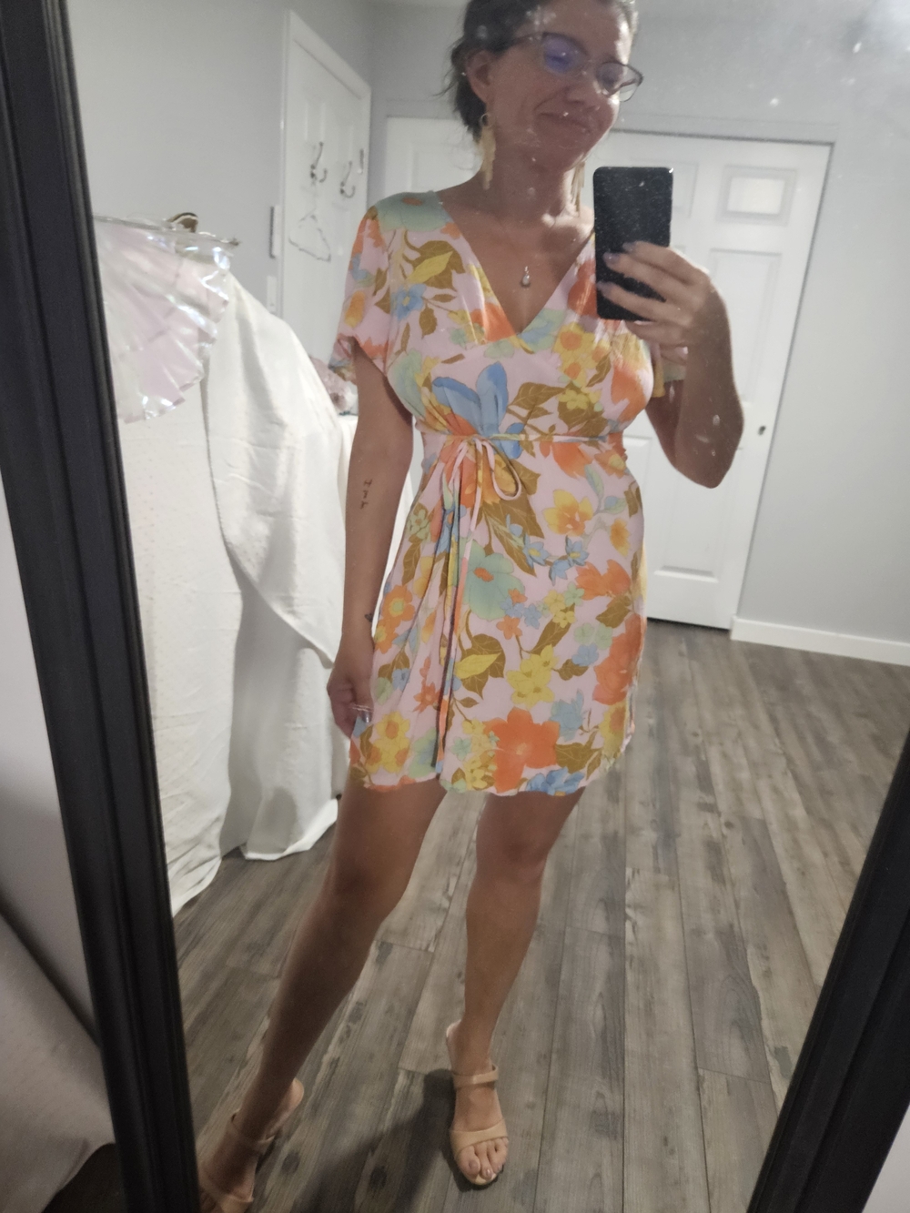 Billabong Pastel Floral Wrap Mini Dress in Peach, Mint & Sky Blue